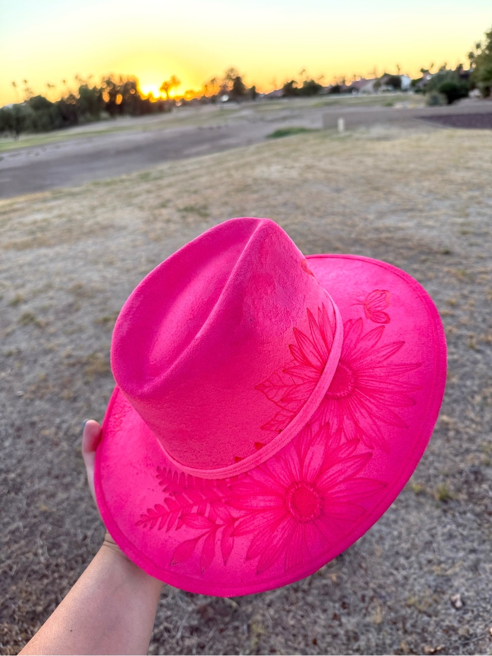 Pink floral burned cowboy hat western festival hat